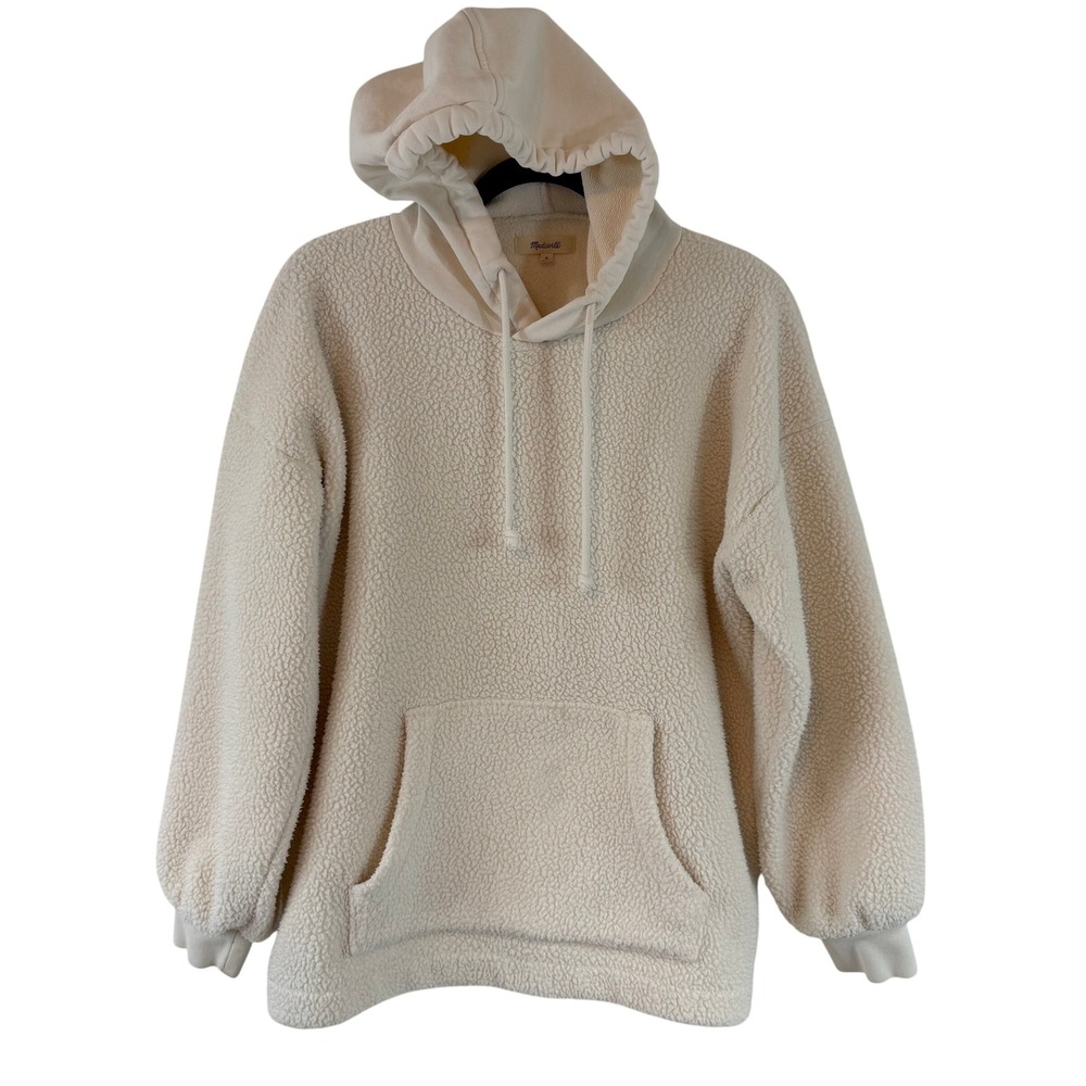 Madewell Sherpa Fleece Hoodie Pullover Bubble Sleeve M Cream Ivory Cozy Casual - Picture 1 of 11